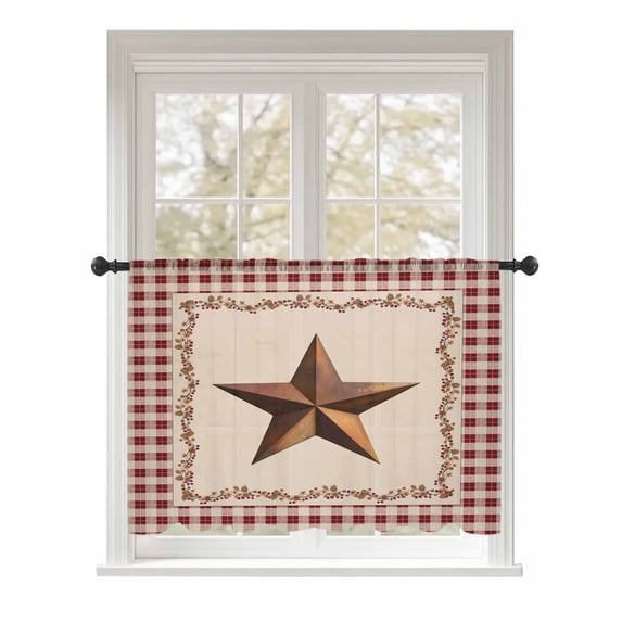 Sheer Curtains 54 Inch Length, Western Texas Star Retro Semi Sheer Curtains Light Filtering Window Treatment, Rustic Vintage Farm Red Beige Plaid Privacy Voile Drapes for Living Room 52x54 Inch