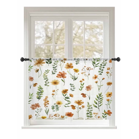Sheer Curtains 54 Inch Length, Yellow Spring Floral Semi Sheer Curtains Light Filtering Window Treatment, Flowers Leaves Elegant Pastoral Privacy Voile Drapes for Living Room Bedroom 52x54 Inch