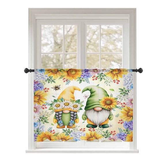 Sheer Curtains 54 Inch Length, Yellow Sunflowers Semi Sheer Curtains Light Filtering Window Treatment, Spring Gnomes Hydrangea Daisy Plants Privacy Voile Drapes for Living Room Bedroom 52x54 Inch