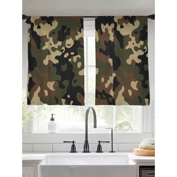 Sheer Curtains 54 Inches Long 2 Panels, Abstract Camouflages Texture Rod Pocket Curtain Voile Draperies, Retro Camo Pattern Light Filtering Window Treatment for Living Room Kitchen Bedroom