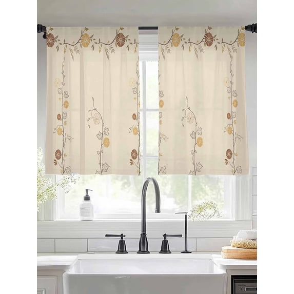 Sheer Curtains 54 Inches Long 2 Panels, Abstract Flower Leaves Rod Pocket Curtain Voile Draperies, Retro Floral Brown Light Filtering Window Treatment for Living Room Kitchen Bedroom