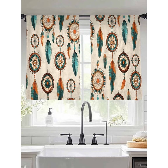 Sheer Curtains 54 Inches Long 2 Panels, Abstract Indian Totem Rod Pocket Curtain Voile Draperies, Retro Ancient Patterns on Linen Light Filtering Window Treatment for Living Room Kitchen Bedroom
