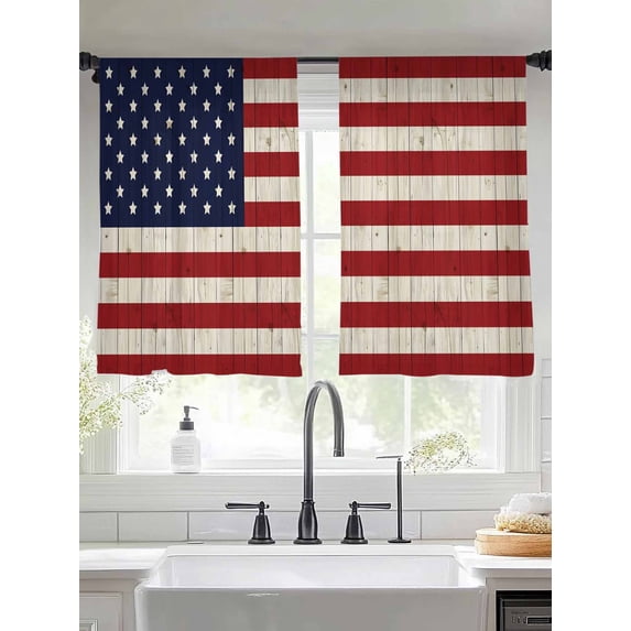 Sheer Curtains 54 Inches Long 2 Panels, American Flag on Wood Plank Rod Pocket Curtain Voile Draperies, Vintage Red Blue Stripe Star Light Filtering Window Treatment for Living Room Kitchen Bedroom