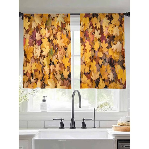 Sheer Curtains 54 Inches Long 2 Panels, Autumn Maple Leaves Yellow Watercolor Rod Pocket Curtain Voile Draperies, Falling Leaves Seamless Light Filtering Window Treatment for Living Room