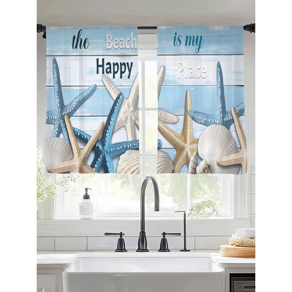 Sheer Curtains 54 Inches Long 2 Panels, Blue White Starfish on Wood Grain Rod Pocket Curtain Voile Draperies, Happy Place Quote Light Filtering Window Treatment for Living Room Kitchen Bedroom