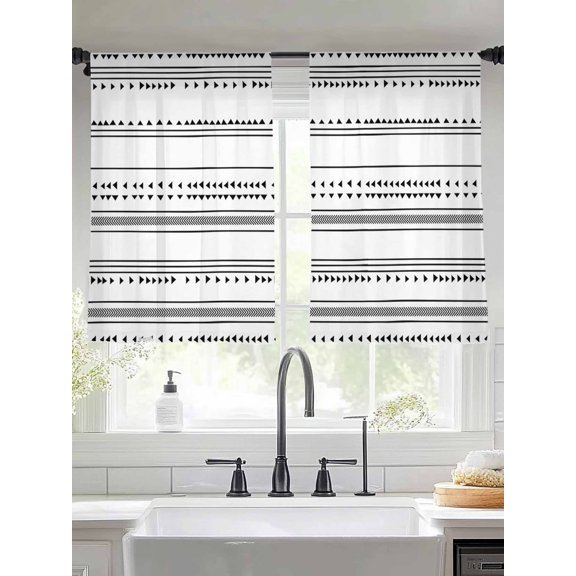 Sheer Curtains 54 Inches Long 2 Panels, Bohemian Ethnic Triangle Plaid Stripes Rod Pocket Curtain Voile Draperies, Black Arrow Lines Light Filtering Window Treatment for Living Room Kitchen Bedroom