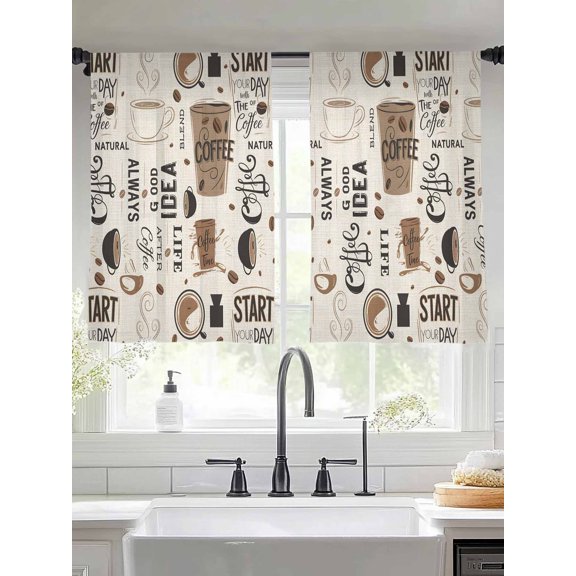 Sheer Curtains 54 Inches Long 2 Panels, Cafe Coffee Bean Letter Back Rod Pocket Curtain Voile Draperies, Graffiti Abstract Art Light Filtering Window Treatment for Living Room Kitchen Bedroom