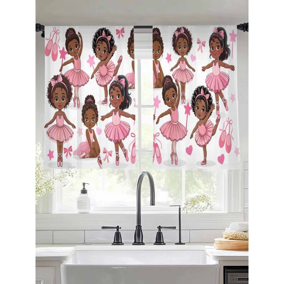 Sheer Curtains 54 Inches Long 2 Panels, Cartoon Children Ballet Dance Rod Pocket Curtain Voile Draperies, Pink Butterflies Ballet Shoes Light Filtering Window Treatment for Living Room Kitchen