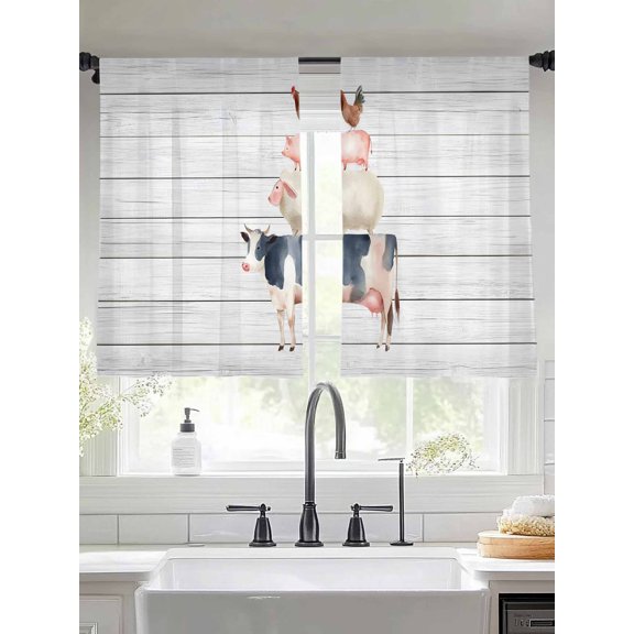 Sheer Curtains 54 Inches Long 2 Panels, Cow Farmhouse Animal Rod Pocket Curtain Voile Draperies, Country Sheep Retro Plank Light Filtering Window Treatment for Living Room Kitchen Bedroom