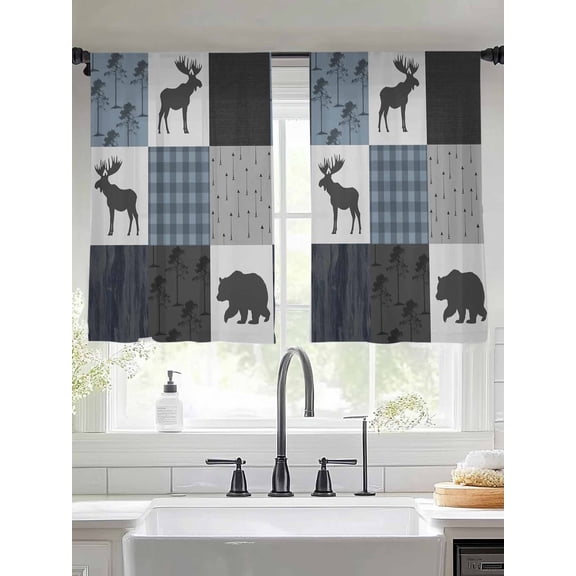 Sheer Curtains 54 Inches Long 2 Panels, Deer Bear Retro Grey Plaid Rod Pocket Curtain Voile Draperies, Forest Animal Shadow Light Filtering Window Treatment for Living Room Kitchen Bedroom