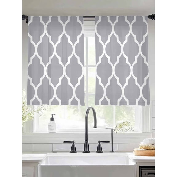 Sheer Curtains 54 Inches Long 2 Panels, Gray White Moroccan Pattern Rod Pocket Curtain Voile Draperies, Modern Geometric Art Light Filtering Window Treatment for Living Room Kitchen Bedroom