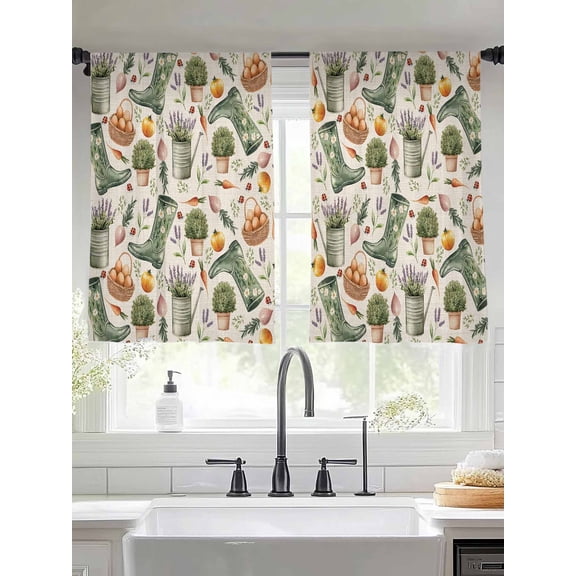 Sheer Curtains 54 Inches Long 2 Panels, Green Boots Lavender Flower Rod Pocket Curtain Voile Draperies, Retro Farm Thing on Linen Light Filtering Window Treatment for Living Room Kitchen Bedroom