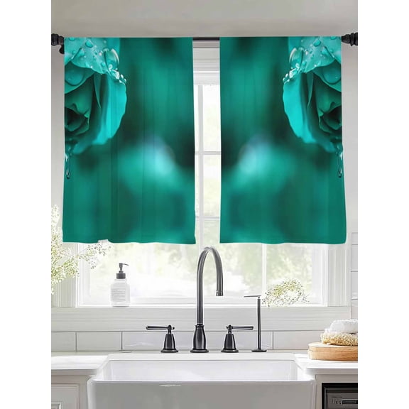 Sheer Curtains 54 Inches Long 2 Panels, Green Rose with Water Drop Rod Pocket Curtain Voile Draperies, Abstract Natural Flower Pattern Light Filtering Window Treatment for Living Room Bedroom