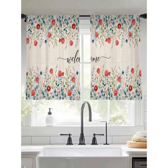 Sheer Curtains 54 Inches Long 2 Panels, Independence Day Blue Red Floral Rod Pocket Curtain Voile Draperies, Summer Pastoral Wildflower Light Filtering Window Treatment for Living Room