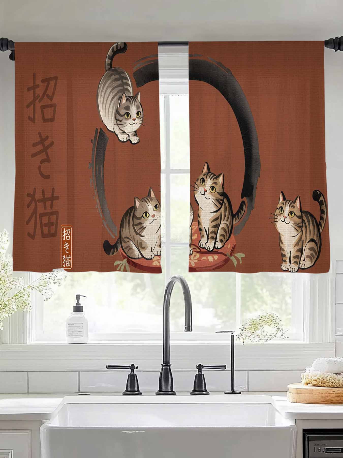 Sheer Curtains 54 Inches Long 2 Panels, Japanese Style Cute Lucky Cat ...
