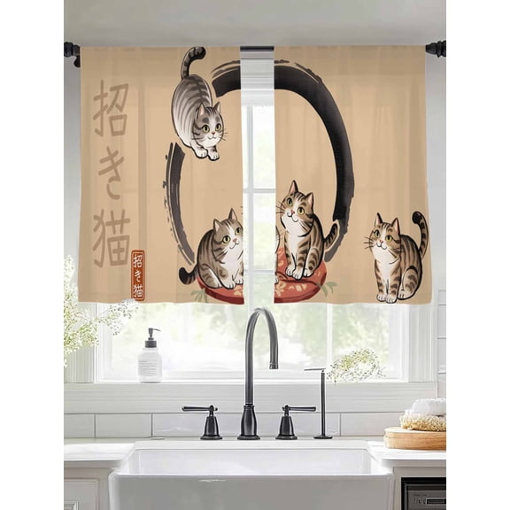 Sheer Curtains 54 Inches Long 2 Panels, Japanese Style Lucky Cat Rod Pocket Curtain Voile Draperies, Cute Kitty Light Filtering Window Treatment for Living Room Kitchen Bedroom