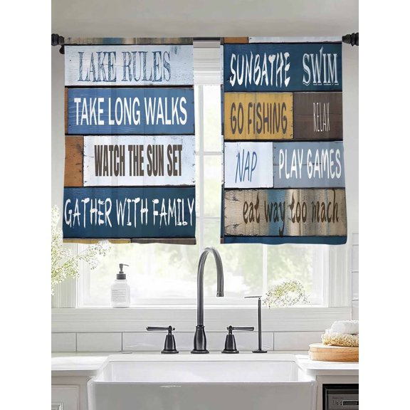 Sheer Curtains 54 Inches Long 2 Panels, Lake Rules Farm Blue Wood Board Rod Pocket Curtain Voile Draperies, Quote Wooden Grain Light Filtering Window Treatment for Living Room Kitchen Bedroom
