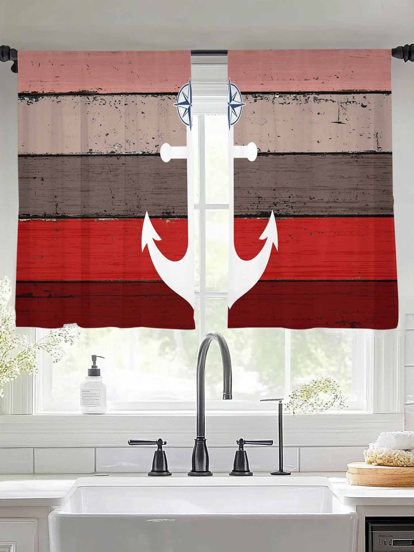 Sheer Curtains 54 Inches Long 2 Panels, Nautical Anchor Ocean Compass ...