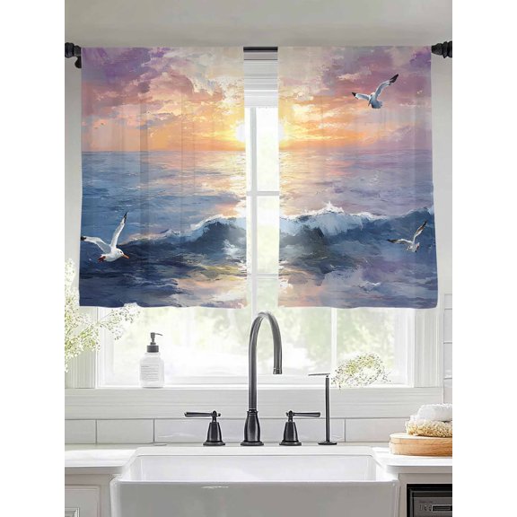 Sheer Curtains 54 Inches Long 2 Panels, Ocean Sunset Scene Oil Painting Rod Pocket Curtain Voile Draperies, Marine Beach Seagull Light Filtering Window Treatment for Living Room Kitchen Bedroom