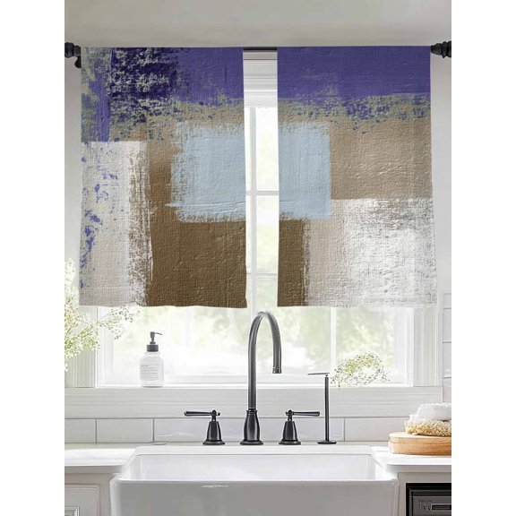 Sheer Curtains 54 Inches Long 2 Panels, Purple Brown Geometric Color Block Rod Pocket Curtain Voile Draperies, Abstract Oil Painting Art Light Filtering Window Treatment for Living Room