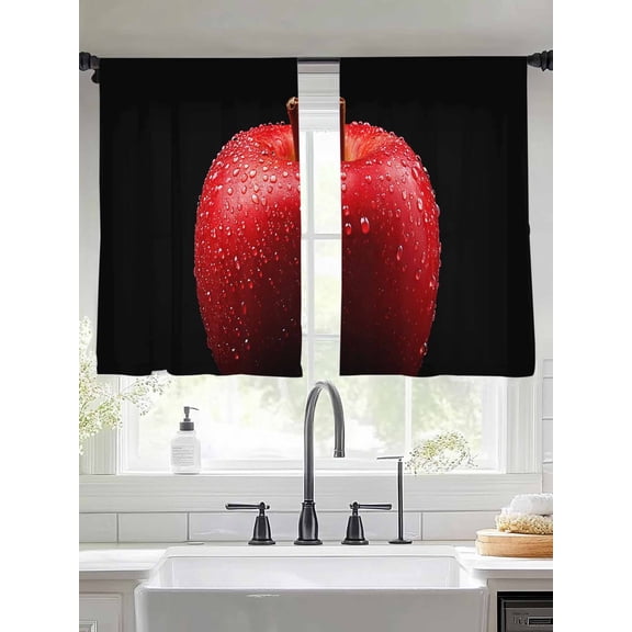 Sheer Curtains 54 Inches Long 2 Panels, Red Apples on Black Rod Pocket Curtain Voile Draperies, Farm Fruit Water Drops Light Filtering Window Treatment for Living Room Kitchen Bedroom