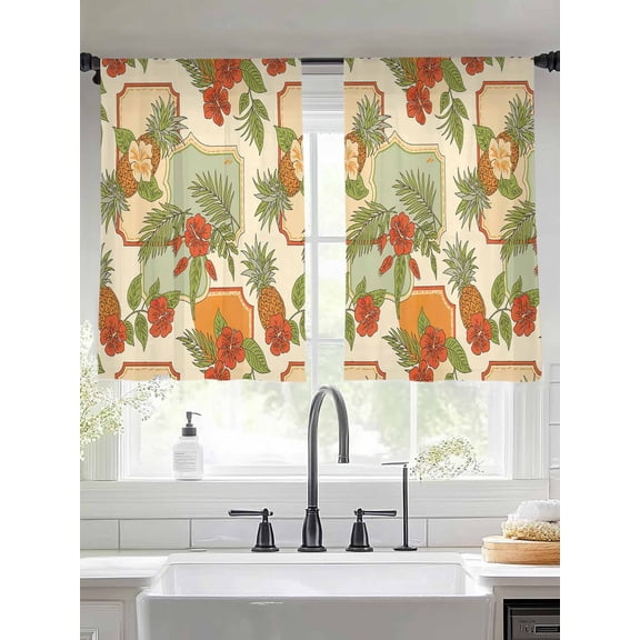 Sheer Curtains 54 Inches Long 2 Panels, Red Flower Pineapple Green Leaves Rod Pocket Curtain Voile Draperies, Vintage Tropical Plant Light Filtering Window Treatment for Living Room Kitchen Bedroom