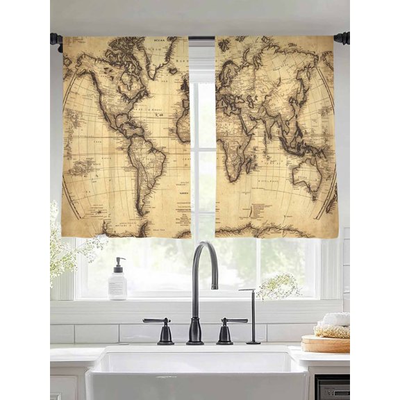 Sheer Curtains 54 Inches Long 2 Panels, Retro Yellow World Map North America Asia Rod Pocket Curtain Voile Draperies, Pacific Plate Light Filtering Window Treatment for Living Room Kitchen Bedroom