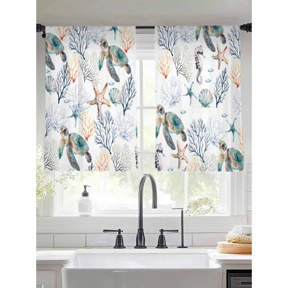 Sheer Curtains 54 Inches Long 2 Panels, Sea Turtle Coastal Coral Seamless Rod Pocket Curtain Voile Draperies, Summer Ocean Nautical Light Filtering Window Treatment for Living Room Kitchen Bedroom