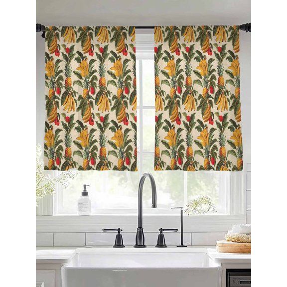 Sheer Curtains 54 Inches Long 2 Panels, Summer Banana Pineapple Leaves on Linen Rod Pocket Curtain Voile Draperies, Vintage Fruit Light Filtering Window Treatment for Living Room Kitchen Bedroom