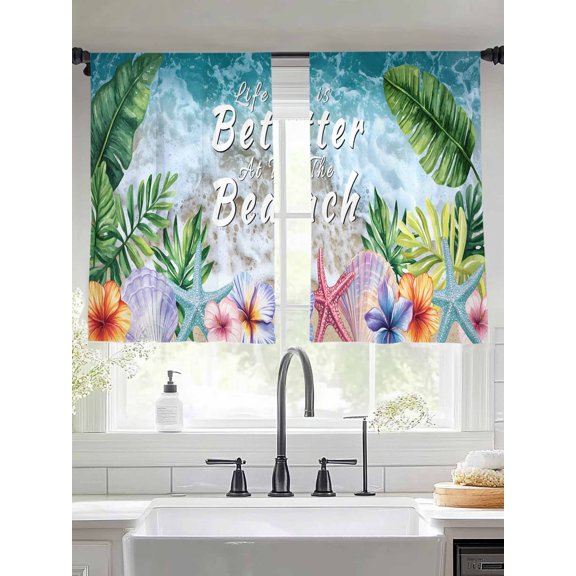 Sheer Curtains 54 Inches Long 2 Panels, Summer Beach Flower Turtle Leaf Rod Pocket Curtain Voile Draperies, Starfish Shell Ocean Waves Light Filtering Window Treatment for Living Room Bedroom