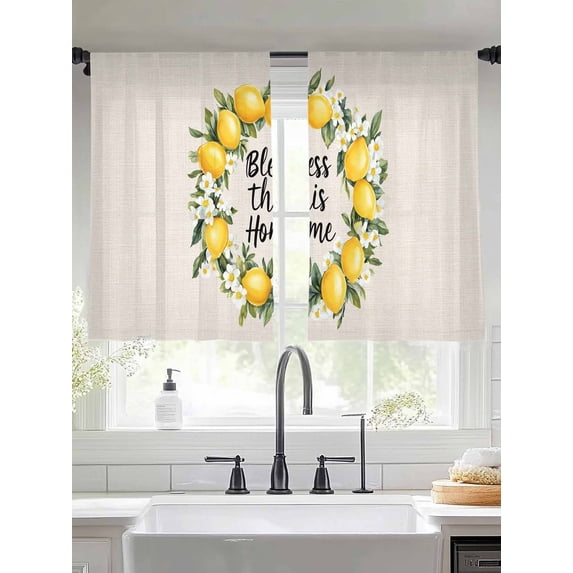 Sheer Curtains 54 Inches Long 2 Panels, Summer Lemon Watercolor Floral Rod Pocket Curtain Voile Draperies, Bless Home Quote Retro Linen Light Filtering Window Treatment for Living Room