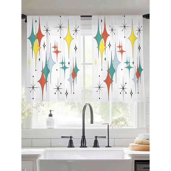 Sheer Curtains 54 Inches Long 2 Panels, Teal Color Block Diamond Mid Century Rod Pocket Curtain Voile Draperies, Abstract Geometric Minimalist Art Light Filtering Window Treatment for Living Room