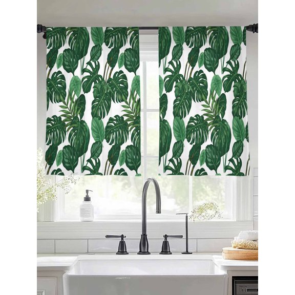 Sheer Curtains 54 Inches Long 2 Panels, Tropical Plants Turtle Backwood Rod Pocket Curtain Voile Draperies, Watercolor Green Leaves Light Filtering Window Treatment for Living Room Kitchen Bedroom