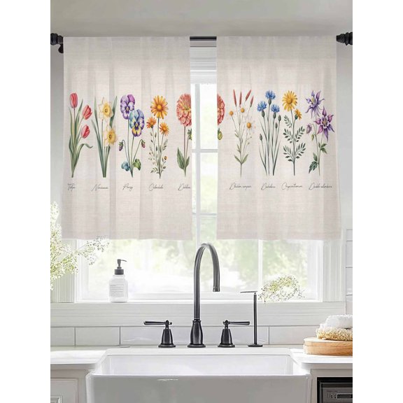 Sheer Curtains 54 Inches Long 2 Panels, Vintage Chic Colored Blooming Flower Rod Pocket Curtain Voile Draperies, Retro Burlap Floral Light Filtering Window Treatment for Living Room Kitchen Bedroom