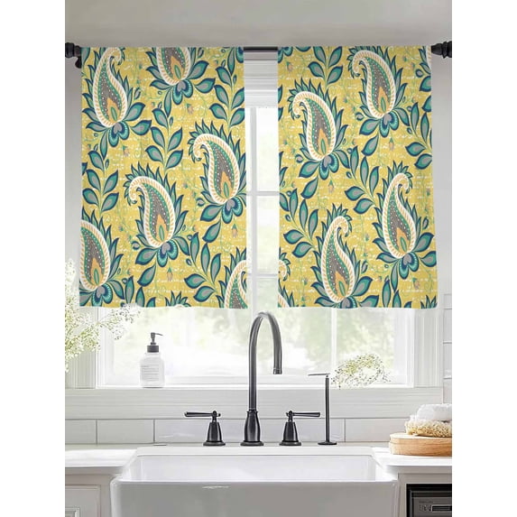 Sheer Curtains 54 Inches Long 2 Panels, Vintage Ethnic Cashew Flower Rod Pocket Curtain Voile Draperies, Abstract Floral on Yellow Light Filtering Window Treatment for Living Room Kitchen Bedroom