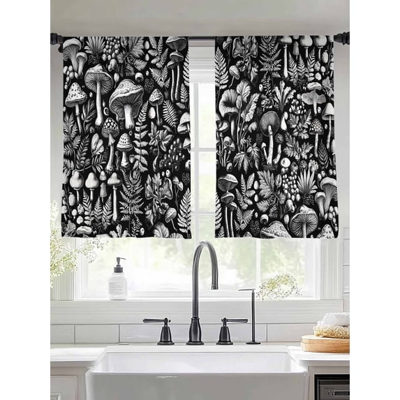 Sheer Curtains 54 Inches Long 2 Panels, Vintage Grey Mushroom on Black Rod Pocket Curtain Voile Draperies, Idyllic Leaves Plant Light Filtering Window Treatment for Living Room Kitchen Bedroom