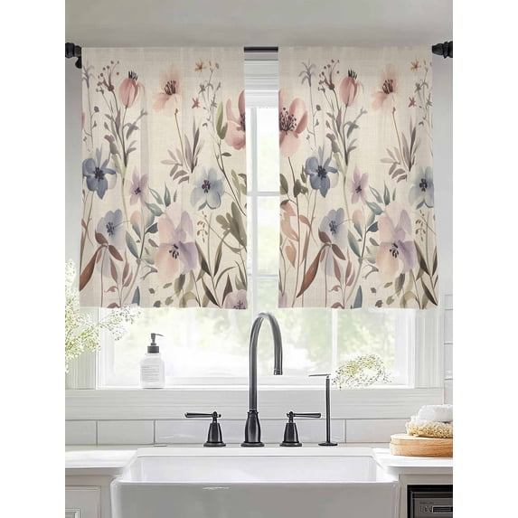 Sheer Curtains 54 Inches Long 2 Panels, Vintage Grey-purple Flowers Rod Pocket Curtain Voile Draperies, Country Plant on Linen Light Filtering Window Treatment for Living Room Kitchen Bedroom