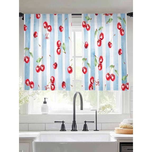 Sheer Curtains 54 Inches Long 2 Panels, Watercolor Cherry Red Fruit Art Rod Pocket Curtain Voile Draperies, Light Blue Stripe Texture Light Filtering Window Treatment for Living Room Kitchen Bedroom