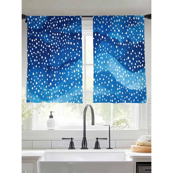 Sheer Curtains 54 Inches Long 2 Panels, Watercolor Wave Point on Blue Line Rod Pocket Curtain Voile Draperies, Abstract Geometric Art Light Filtering Window Treatment for Living Room Kitchen Bedroom