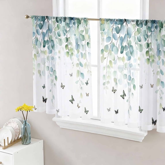 Sheer Curtains 54 Inches Long, Blue Green Eucalyptus Light Filtering Window Curtains for Living Room, Sage Gradient Leaves Butterfly Rod Pocket Voile Sheer Curtain Drapes, 52"W x 54"L, 2 Panels