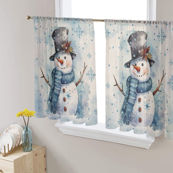 Sheer Curtains 54 Inches Long, Blue Xmas Winter Snowflake Light Filtering Window Curtains for Living Room/Bedroom, Christmas Snowman Rod Pocket Voile Sheer Curtain Drapes, 52"W x 54"L, 2 Panels