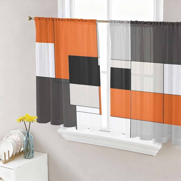 Sheer Curtains 54 Inches Long, Burnt Orange Black Light Filtering Window Curtains for Living Room/Bedroom, Modern Abstract Geometric Rod Pocket Voile Sheer Curtain Drapes, 52"W x 54"L, 2 Panels
