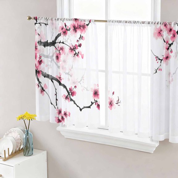 Sheer Curtains 54 Inches Long, Cherry Blossoms Light Filtering Window Curtains for Living Room, Pink Pastoral Modern Gradient Spring Rod Pocket Voile Sheer Curtain Drapes, 52"W x 54"L, 2 Panels