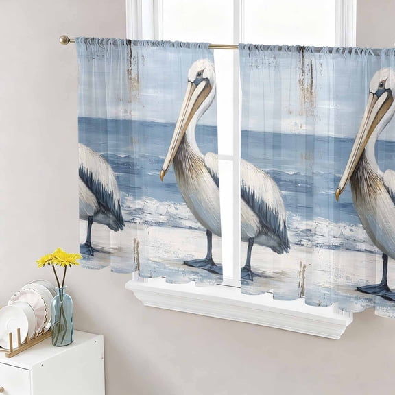 Sheer Curtains 54 Inches Long, Coastal Pelican Light Filtering Window Curtains for Living Room/Bedroom, Modernism Art Oil Painting Birds Rod Pocket Voile Sheer Curtain Drapes, 52"W x 54"L, 2 Panels