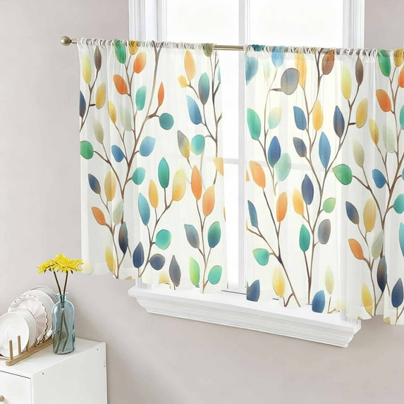 Sheer Curtains 54 Inches Long, Colorful Leaf Light Filtering Window Curtains for Living Room/Bedroom, Spring Vintage Botanical Summer Rod Pocket Voile Sheer Curtain Drapes, 52"W x 54"L, 2 Panels