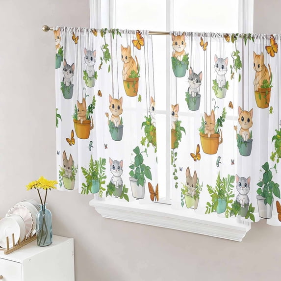Sheer Curtains 54 Inches Long, Cute Cartoon Light Filtering Window Curtains for Living Room/Bedroom, Cat Butterfly Spring Floral Botanical Rod Pocket Voile Sheer Curtain Drapes, 52"W x 54"L, 2 Panels