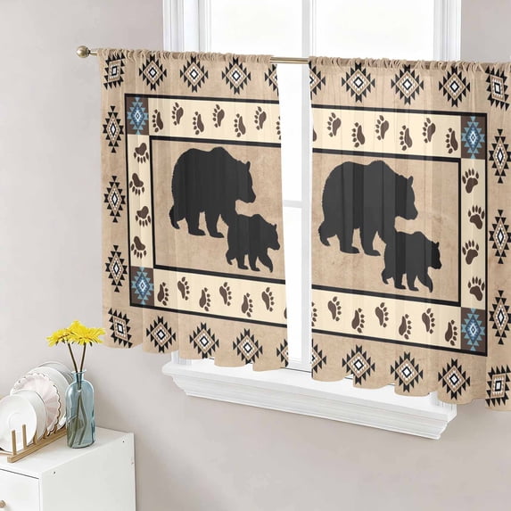 Sheer Curtains 54 Inches Long, Farmhouse Bear Light Filtering Window Curtains for Living Room, Country Vintage Animals Paw Print Brown Rod Pocket Voile Sheer Curtain Drapes, 52"W x 54"L, 2 Panels