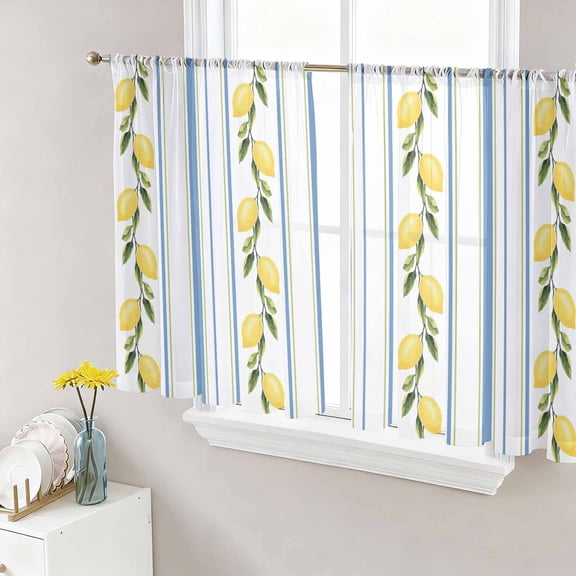 Sheer Curtains 54 Inches Long, Lemon Striped Light Filtering Window Curtains for Living Room/Bedroom, Yellow Fruit Blue White Geometric Rod Pocket Voile Sheer Curtain Drapes, 52"W x 54"L, 2 Panels