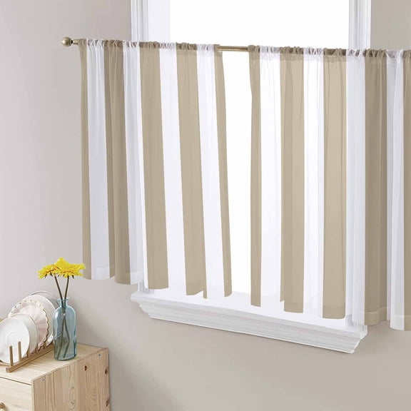 Sheer Curtains 54 Inches Long, Modern Farmhouse Beige White Stripes Light Filtering Window Curtains for Living Room/Bedroom, Beige Striped Rod Pocket Voile Sheer Curtain Drapes, 52"W x 54"L, 2 Panels