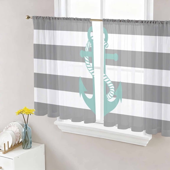 Sheer Curtains 54 Inches Long, Nautical Anchor Light Filtering Window Curtains for Living Room, Turquoise Grey White Horizontal Stripe Rod Pocket Voile Sheer Curtain Drapes, 52"W x 54"L, 2 Panels